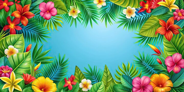 Fototapeta Tropical party poster with vibrant floral frame and space for text, summer, party, poster, tropical, floral