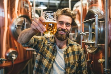 Happy brewer enjoying a glass of beer in front of brewery tanks for travel and business promotion
