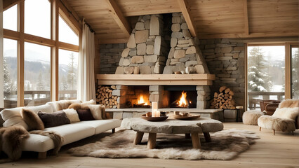 Mountain cabin with fireplace during winter