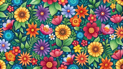 Seamless pattern featuring colorful flowers and leaves, floral, repeat, background, texture, botanical, garden, vibrant, pastel