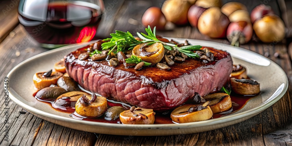 Sticker Steak with saut?ed mushrooms cooked in red wine, steak, saut?ed, mushrooms, red wine, food, gourmet, delicious, dinner