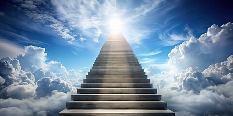 Stairway reaching up to the sky with fluffy clouds, stairs, stairway, sky, clouds, reaching, up, height, aspire, destination
