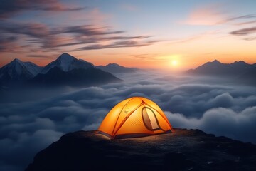 Orange tourist tent illuminated from the inside stands in the mountains above the clouds. Summer night landscape. The concept of solitude freedom and travel