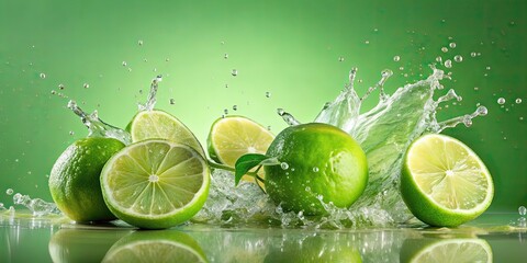 Fresh limes splashing in water on light green background, limes, fresh, water, explosion, splash, vibrant, citrus, refreshing