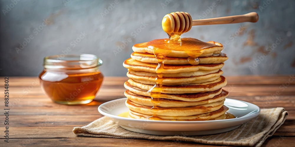 Canvas Prints Freshly made pancakes drizzled with sweet honey , breakfast, stack, homemade, delicious, flapjacks, syrup, golden, tasty