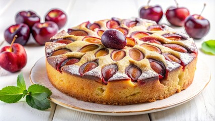 A round cake with strawberries and cherries on top sits on a white plate