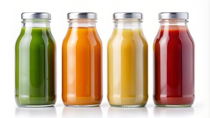 Four glass jars filled with different colored juices