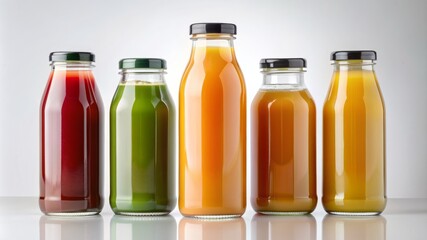 Four glass jars filled with different colored juices