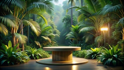 Fototapeta premium A round table is surrounded by lush green plants and trees
