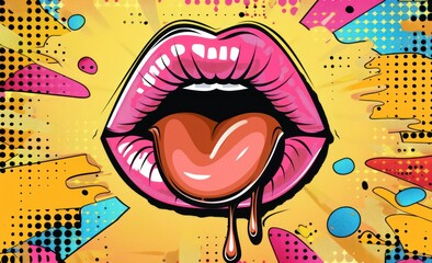 Colorful Pop Art Illustration of a Woman's Mouth Sticking Out Tongue on Vibrant Background