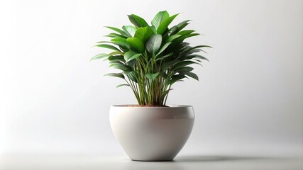 A potted plant sits in a white bowl on a white background