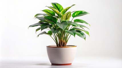 A potted plant sits in a white bowl on a white background