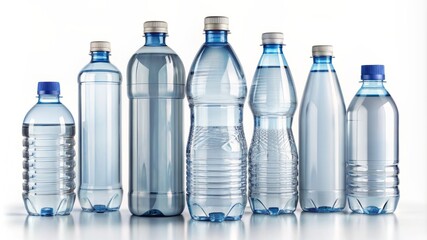 A row of six plastic water bottles are lined up on a table