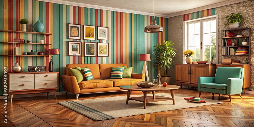 Wall mural Vintage living room with retro furniture and colorful decor, vintage, colorful, retro, living room, furniture, decor, interior, design