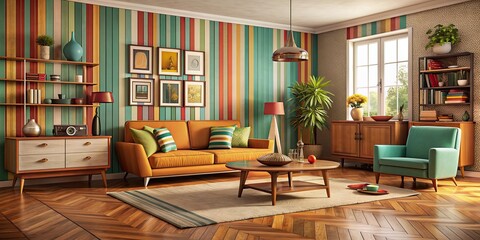 Vintage living room with retro furniture and colorful decor, vintage, colorful, retro, living room, furniture, decor, interior, design
