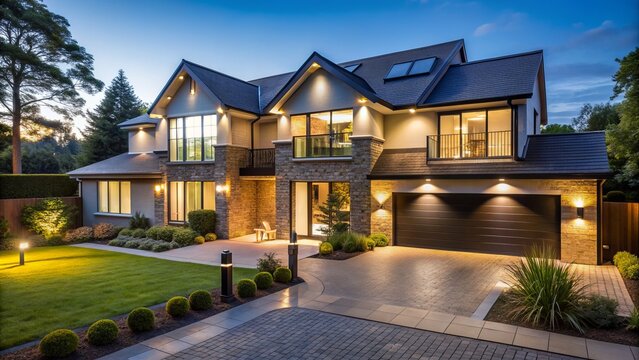 Modern luxury detached residential property with immaculate gardens and subtle lighting showcasing sleek architecture and upscale suburban living.