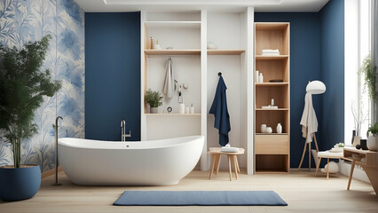 Elegant blue bathroom with white freestanding bath