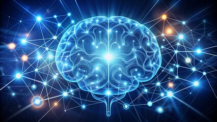 Naklejka premium Abstract brain icon surrounded by speech bubbles and glowing lines, representing innovative thinking and recruitment in business industry.