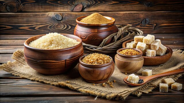 Traditional Uzbek navat sugar, cane sugar, and refined sugar displayed in rustic containers on a wooden table, Uzbekistan, sugar