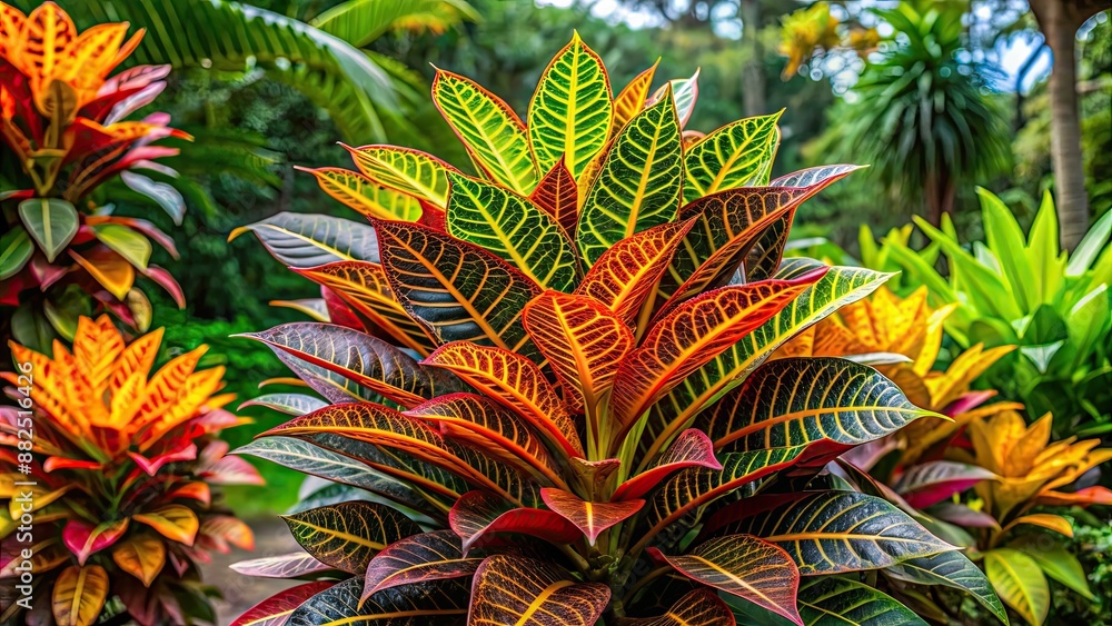 Poster Vibrant croton plant in a lush botanical garden setting, tropical, colorful, foliage, garden, nature, botany, leaf