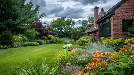 Grassy lawn with lush plants growing in backyard of modern brick house against cloudy sky in daytime. 