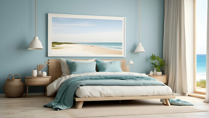 Beach-themed bedroom with ocean view framed picture