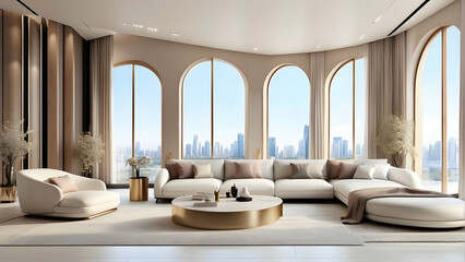 Luxurious curved sofa with panoramic city view