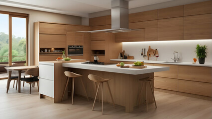 Stylish kitchen with island and wooden finishes
