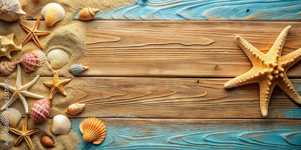 Canvas Prints Summer beach theme with sea shells and starfish on raw wooden background and sand , seashells, starfish, beach, summer, wooden