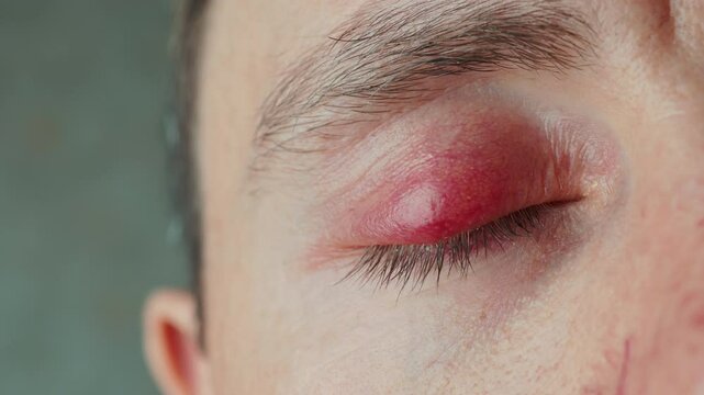 Male blue eye with pronounced stye inflammation macro shot