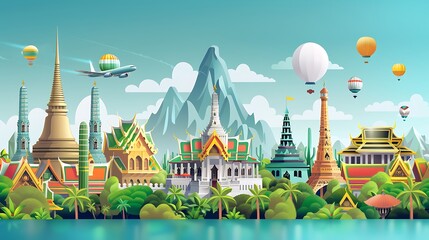 Naklejka premium Colorful cityscape with iconic landmarks and hot air balloons
