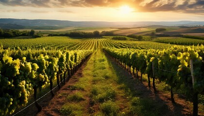 Sunset Vineyard with Rows of Grapevines
