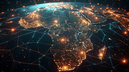 3D rendering of a map of Africa with glowing city lights on the cities, surrounded in the style of data connections in space