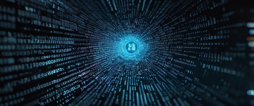 An abstract digital background with binary code and AI algorithms running in the background	