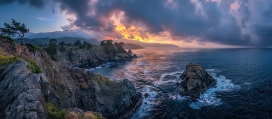 Coastal Sunset with Dramatic Skies and Rugged Cliffs