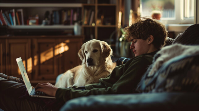 A young man and his dog are sitting on a sofa and looking at a laptop, Ai generated Images