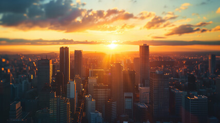 Naklejka premium sunset over the big city, tall buildings reflect sunlight, Ai Generated Images