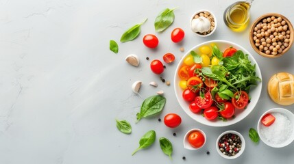 A minimalist flat lay with a clean background, beautifully arranged food items, and perfect lighting