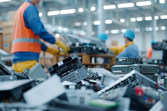 E-waste Recycling Center with Organized Stacks of Old Electronics, Workers Dismantling Devices, Zero Waste Responsible Disposal. - Powered by Adobe
