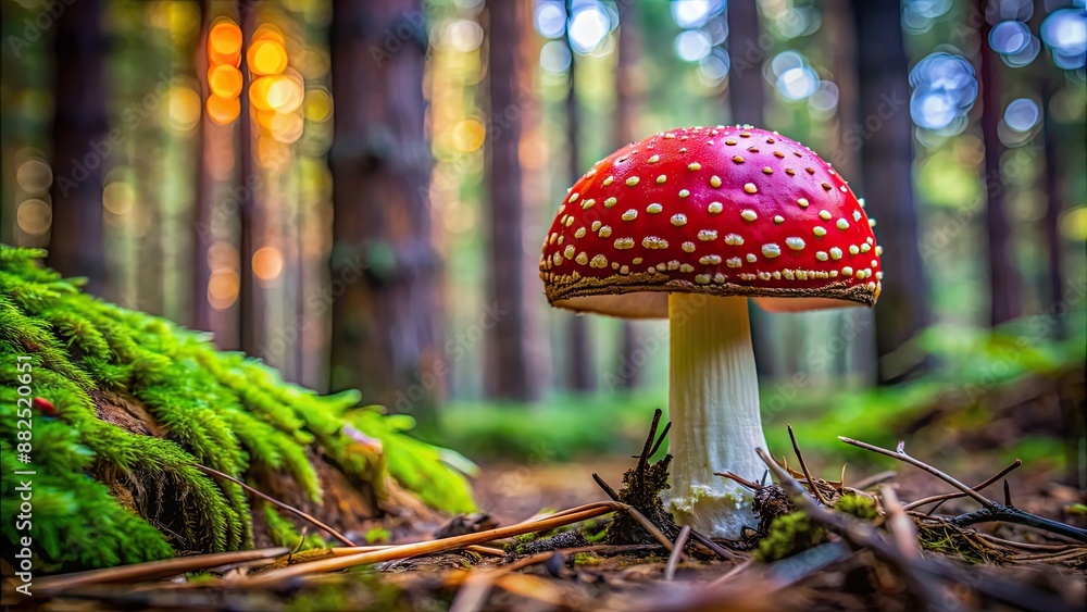 Sticker Vibrant red mushroom in natural forest setting, mushroom, fungus, nature, vibrant, red, forest, plant, fungi, organic, macro