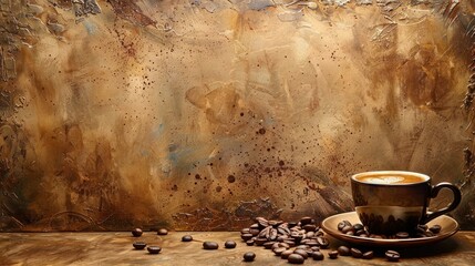 A coffee-themed image with a textured brown backdrop, coffee beans scattered around, some green leaves, and a cup of coffee on the top right corner.