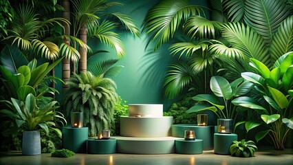 Obraz premium Vibrant and eye-catching jungle-themed product display , tropical, lush, green, exotic, display, arrangement, vibrant, colorful