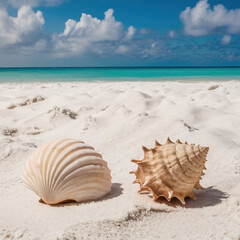 two seashells on the sand in front of the ocean beach near a beautiful sky with clouds in the summer vacation coastal 1