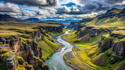 Naklejka premium Spectacular landscape view of Thakgil mountains, canyon, and river in Iceland, Iceland, Thakgil, mountains, canyon, river