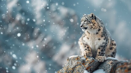 Fototapeta premium a snow leopard on a mountain peak, with a vast expanse of snow-covered mountains 