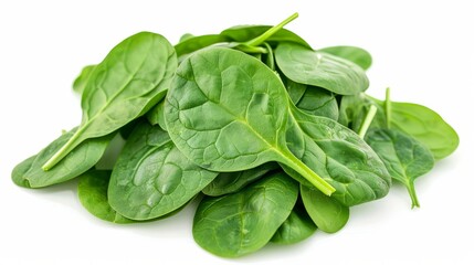 Obraz premium Pile of fresh green baby spinach leaves isolated on white background. Close up. Flat lay. Food concept. Macro concept