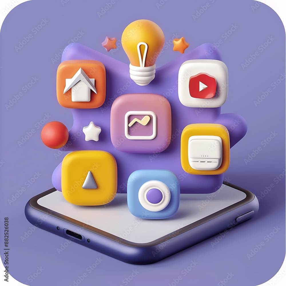 Aufkleber 3d rendered colorful app icons and symbols floating above a smartphone