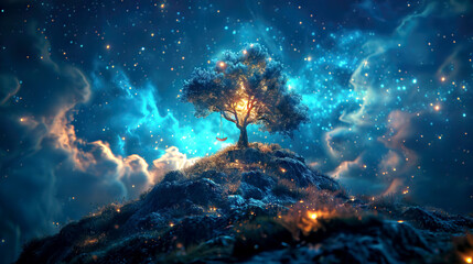 Fototapeta premium Magical fantasy tree lit up with colorful magical energy on the top of a hill with the cloudy sky starts in the background, surreal dream illuminated landscape