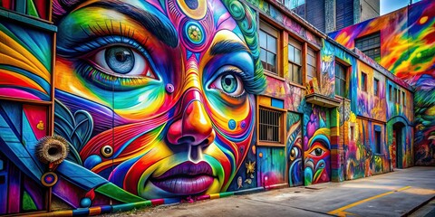 Fototapeta premium Surreal graffiti art depicting curiosity, with structured shapes and vibrant colors , graffiti, surreal, art, curiosity