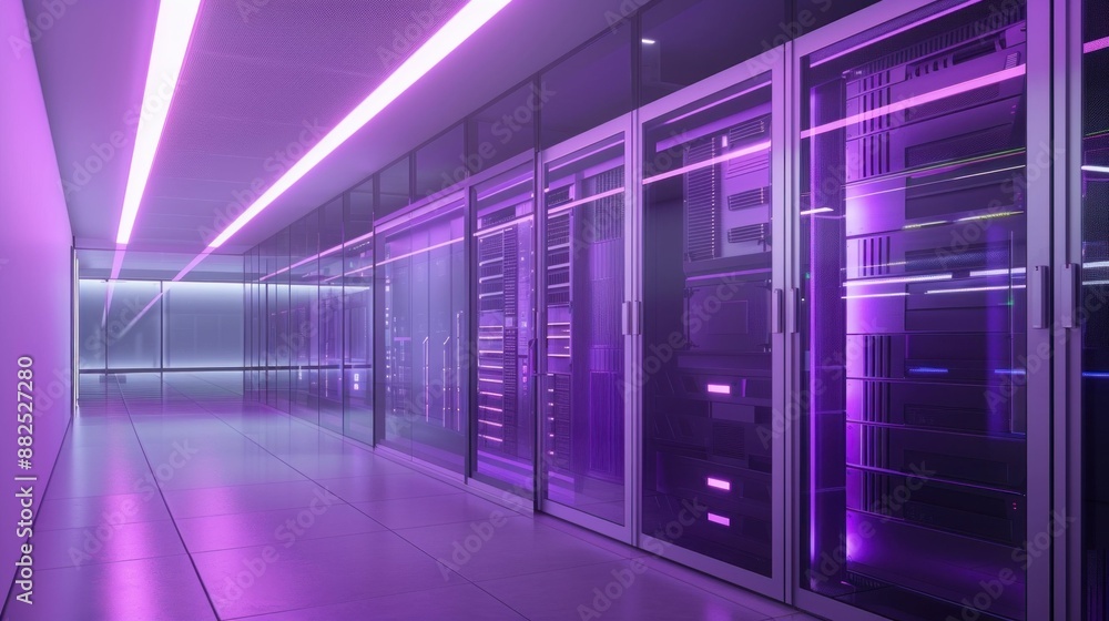 Poster cybersecurity data center hallway with purple lights and rows of servers for business and technology